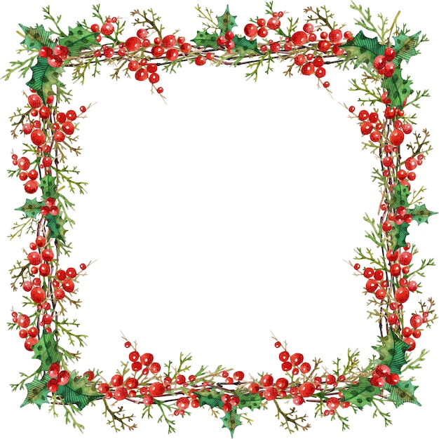 Vector watercolor frame holly leaves and berries