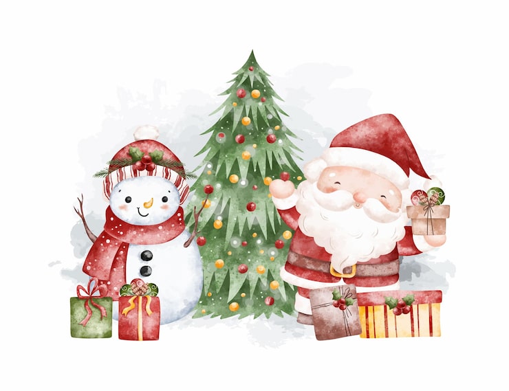 Vector watercolor illustration santa claus and snowman with christmas tree and gifts