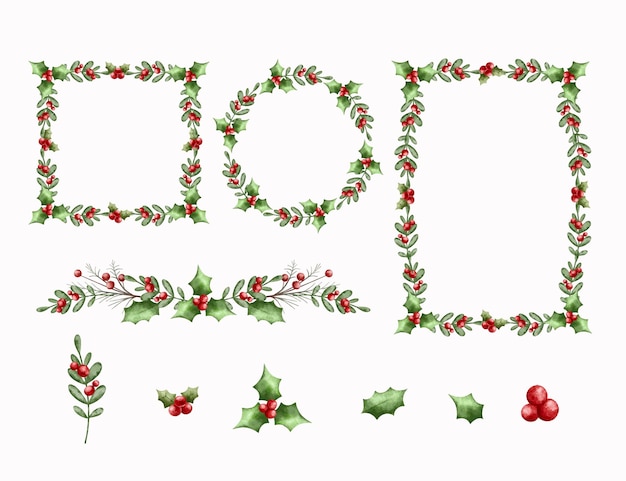Vector watercolor illustration set of christmas wreath and frame