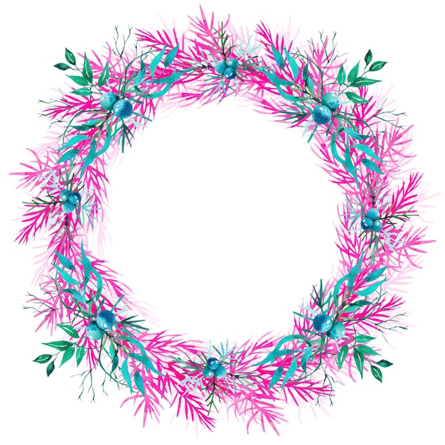 Vector watercolor pink wreath with juniper
