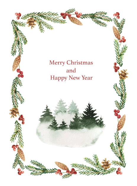 Vector watercolor vector christmas card with green fir trees and branches