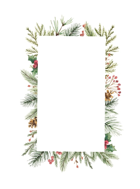 Vector watercolor vector christmas frame with fir branches leaves and a cone