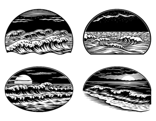 Vector waves crashing under the moon and stars