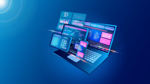 Vector web app software internet platform digital application business website screen laptop interface phone and computer connection api technology analytic infographic vector concept