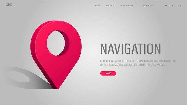 Vector a web banner with a 3d icon map pin with a shadow in pink on a white background with text a concept for navigation
