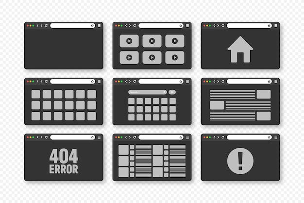 Vector web browser window pages layout with toolbar and search field modern website internet page in flat style browser mockup for computer tablet and smartphone adaptive ui vector illustration