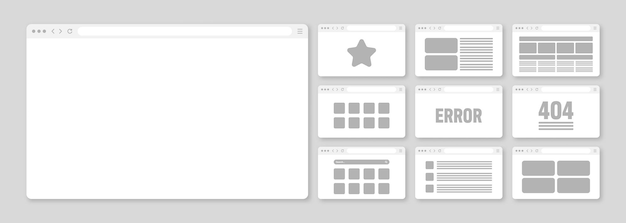 Vector web browser window pages layout with toolbar and search field modern website internet page in flat style browser mockup for computer tablet and smartphone adaptive ui vector illustration