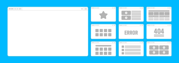 Vector web browser window pages layout with toolbar and search field modern website internet page in flat
