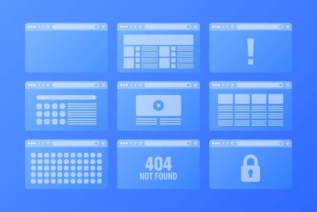 Vector web browser window transparent pages layout with toolbar and search field modern website internet page browser mockup for computer tablet and smartphone adaptive ui vector illustration
