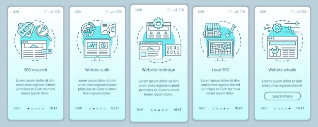 Vector web consulting onboarding mobile app page screen vector template. seo research. website redesign, audit. walkthrough website steps with linear illustrations. ux, ui, gui smartphone interface concept