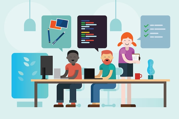 Vector web design development programmer and project manager working together coding communicating