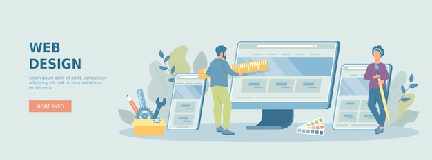 Vector web design and development team of designers working on website or application interface ui ux des