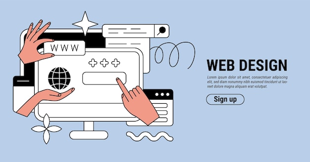 Vector web design landing page digital computer marketing ux ui website internet engineer characters hands and monitor web application browser creating vector online banner template