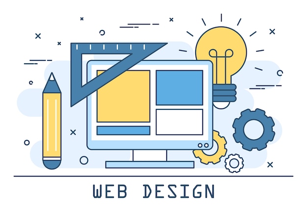 Vector web design line art illustration. website development and creative interface building. programming software.