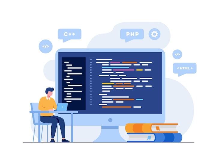 Web design man with a laptop ui ux and programmer with computer software development flat illustration vector template