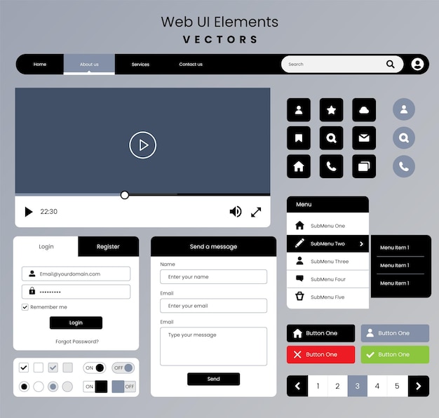 Vector web design ui elements. ui ux design elements for web and application. flat design forms.