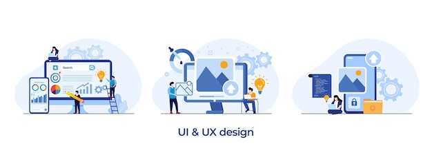 Vector web design ui ux and programmer with computer software development flat illustration vector