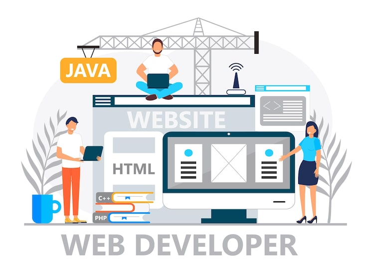 Web developer concept vector for landing page Programmer constructs website using crane and writes code Software engineer working in digital or AI technology Software development