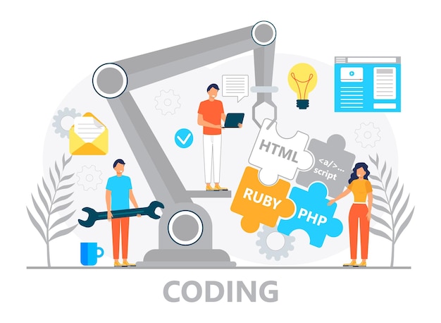 Vector web developer concept vector for landing page programmer constructs website using crane and writes code software engineer working in digital or ai technology software development