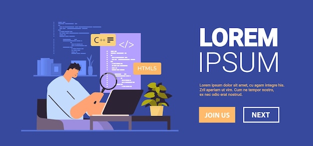 Vector web developer creating program code on laptop screen development of software and programming concept portrait horizontal copy space vector illustration