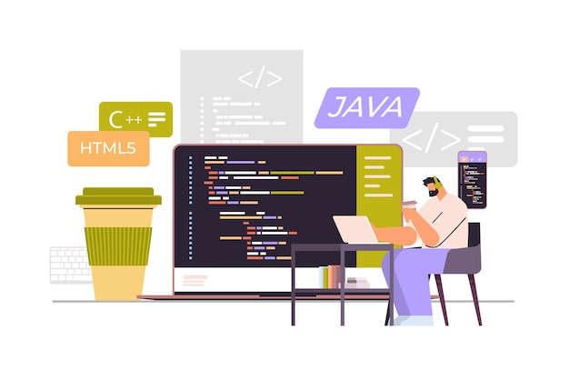 Vector web developer creating program code on laptop screen development of software and programming concept