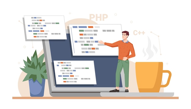 Vector web developer working on project presentation ready site programming and coding using laptops