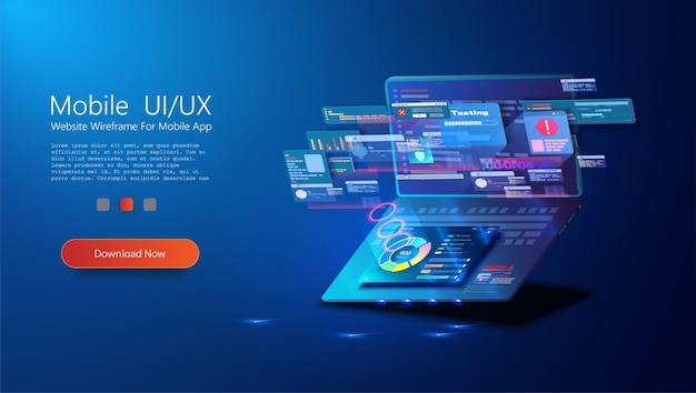 Vector web development application design coding and programming on laptop on isolated background adaptive layout internet page or web interface on screen programming crossplatform code testing vector