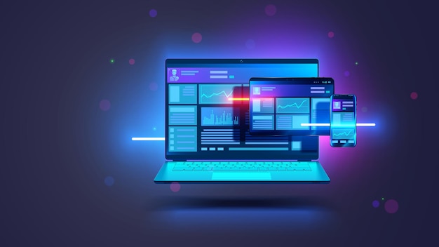 Vector web development and coding cross platform development website adaptive layout internet page or web interface on screen laptop tablet and phone isometric concept illustration