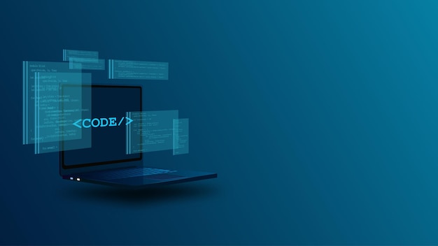 Vector web development coding programming data analysis laptop with futuristic ui
