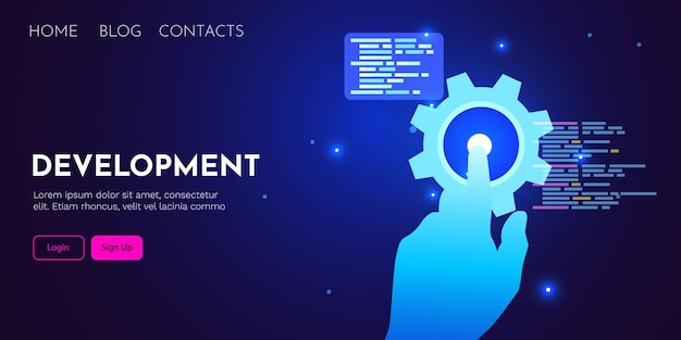 Vector web development coding and programming futuristic banner hand touching computer code