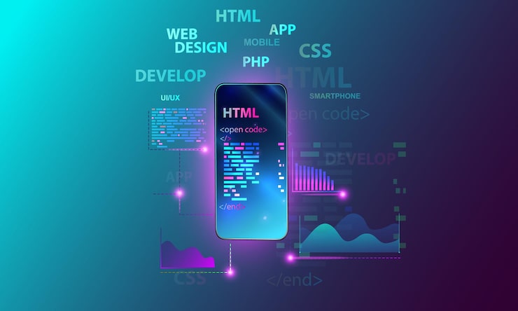 Web development coding and programming responsive layout internet site or app of devices Creation digital Software for mobile platforms Computer code on phone Concept banner