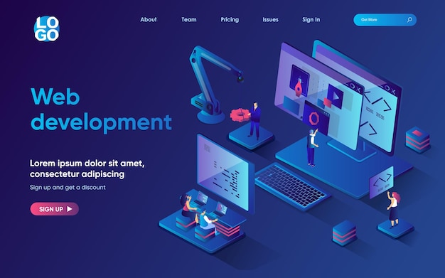 Vector web development concept isometric landing page team develops and optimizes layout of site