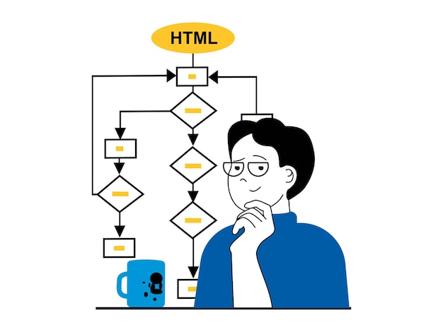 Vector web development concept with character situation man developer coding and creates algorithms finding solutions and settings project vector illustration with people scene in flat design for web