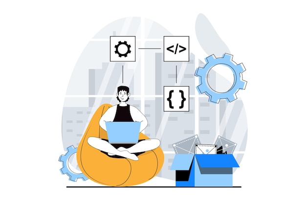 Vector web development concept with people scene in flat design man creating algorithm of engineering project coding and creating product vector illustration for social media banner marketing material