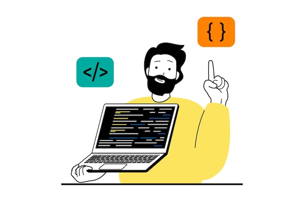 Vector web development concept with people scene in flat design man creating programming code for constructing homepage ui layout at laptop vector illustration for social media banner marketing material