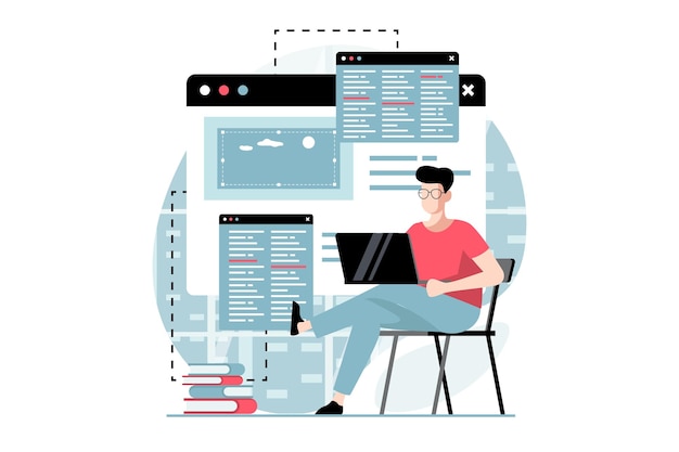 Vector web development concept with people scene in flat design man programming and writing code tests and fixes bugs works on different screens vector illustration with character situation for web