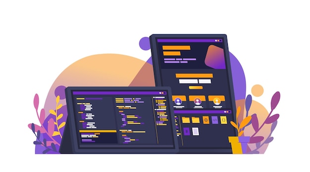 web development front end programming with dual monitor coding slicing website flat vector concept