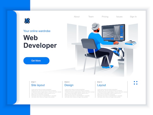 Vector web development isometric landing page. web designer working with computer in office situation. ui, ux responsive interface design, website prototyping and programming perspective flat design.