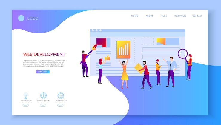 Web development Landing page template with people creating website Computer technologies technical support web application programming and design