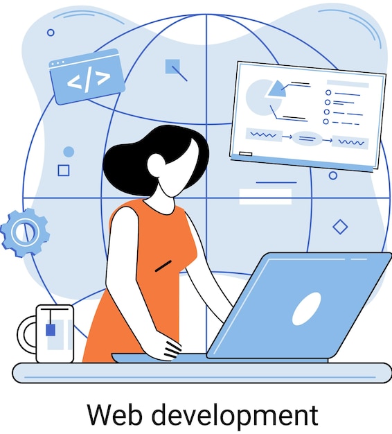 Vector web development metaphor coding and programming responsive layout internet site or app of devices creation digital software mobile desktop platforms computer code tablet phone digital business