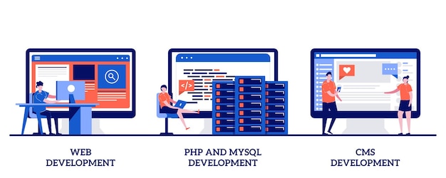Vector web development, php and mysql, cms content management system with tiny people
