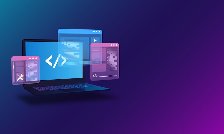Web Development Programming and Code Testing UI Concept with Laptop Displaying Futuristic Code