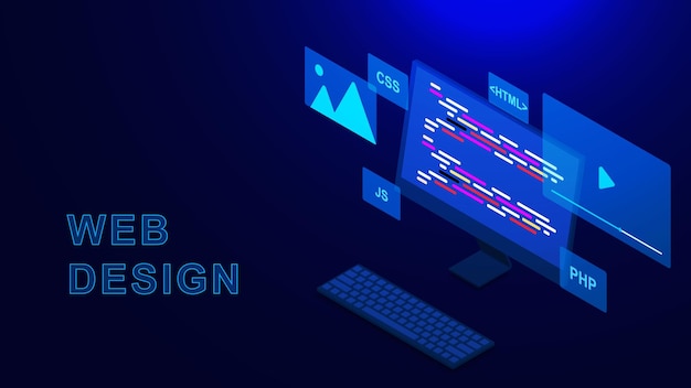 Vector web development and programming concept with computer isometric ui ux design of website