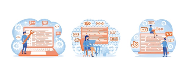 Vector web development programming and engineering development programmer or developer create code programming language set flat vector modern illustration