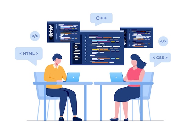 Vector web development. programming languages. css, html, it, ui. programmer cartoon character developing website, coding. flat illustration banner