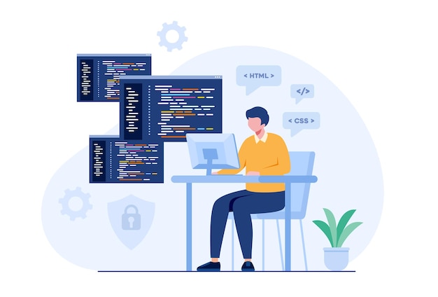 Vector web development. programming languages. css, html, it, ui. programmer cartoon character developing website, coding. flat illustration banner