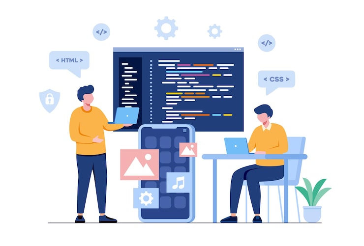 Web development. programming languages. css, html, it, ui. programmer cartoon character developing website, coding. flat illustration banner