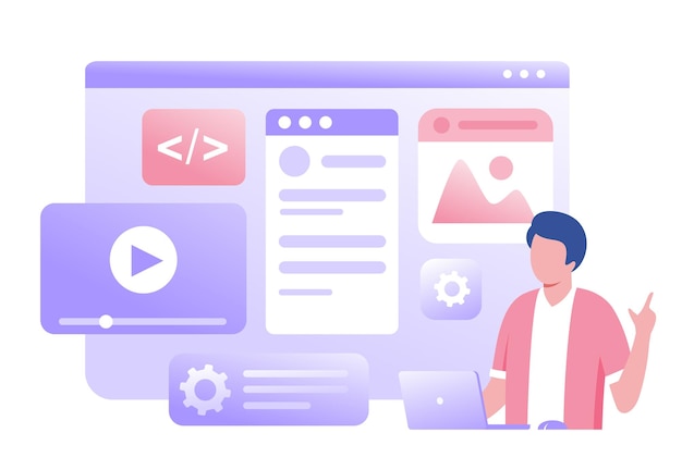Vector web development programming languages css html it ui programmer cartoon character developing website coding flat vector illustration banner for website