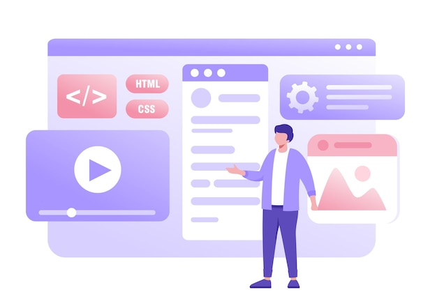 Vector web development programming languages css html it ui programmer cartoon character developing website coding flat vector illustration banner for website