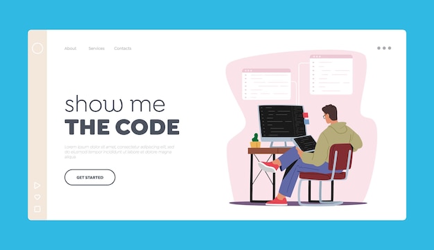 Vector web development, website programming landing page template. programmer male character working on computer and tablet coding, creating new website, software or application,cartoon vector illustration,